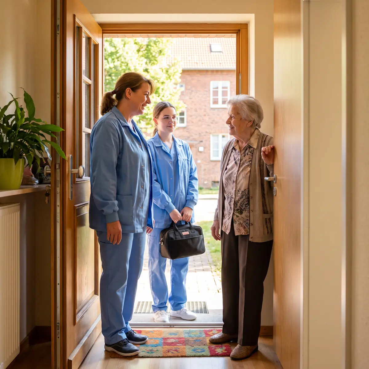 Eine Pflegekraft eines ambulanten Dienstes im Gespräch mit einer Seniorin an der Wohnungstür